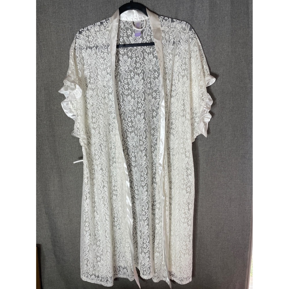 White Floral Lace Sheer Robe Satin Trim Ruffle Short Sleeve Bridal Loungewear